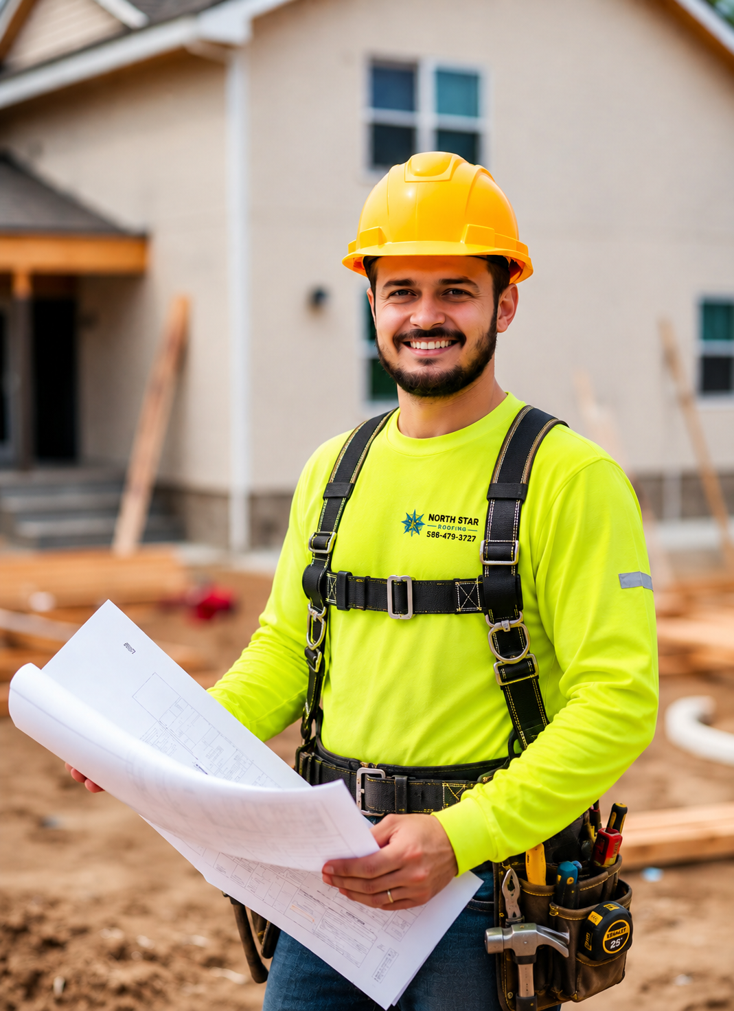 North Star worker in a neon green North Star shirt and yellow hard hat holding construction plans